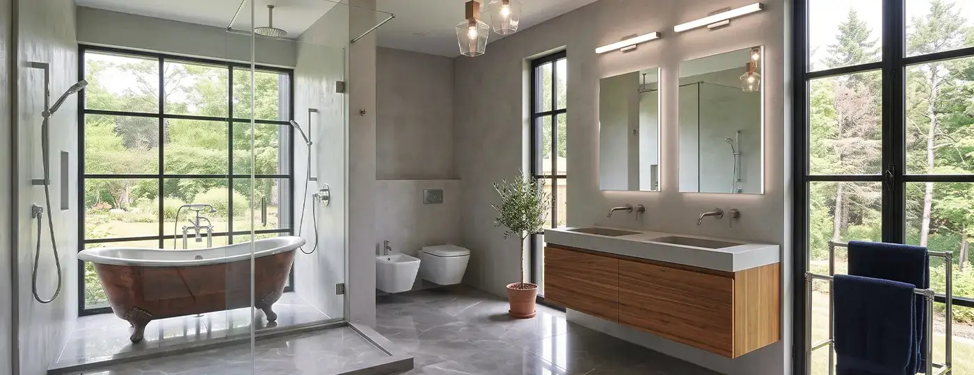 Ein geräumiges, hellgraues Badezimmer mit einer freistehenden Kupferbadewanne auf Klauenfüßen, einer modernen Dusche, einem wandhängenden Holzschrank und großen Sprossenfenstern.