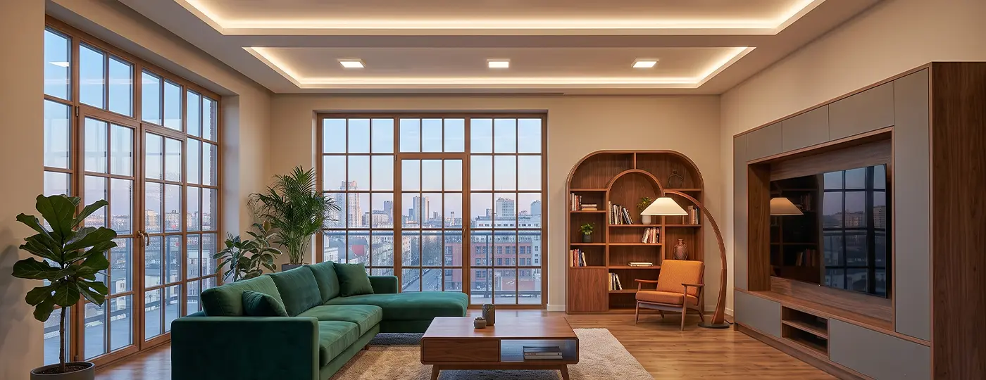 Ein luxuriöses Wohnzimmer mit einem grünen Sofa, großen Fenstern und einer mehrstufigen abgehängten Decke mit LED-Beleuchtung.