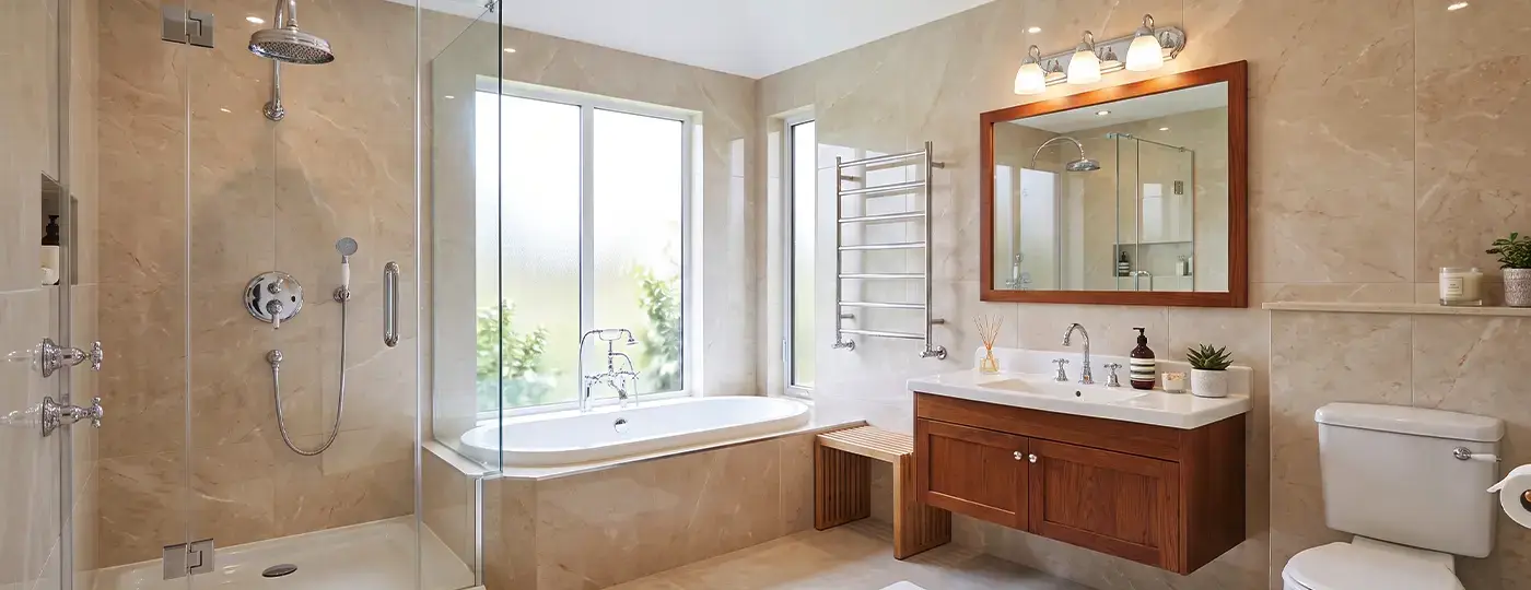 Ein elegantes, helles Badezimmer mit beigen Fliesen, ausgestattet mit einer unter dem Fenster eingebauten Badewanne, einer Duschkabine, einem wandhängenden Waschtisch aus Holz sowie Armaturen im klassischen Stil.