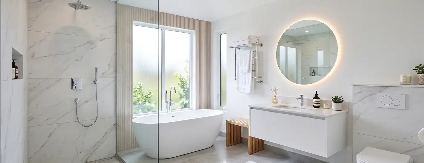 Ein helles, modernes Badezimmer mit Fliesen in Marmoroptik, einer freistehenden Badewanne unter dem Fenster, einer begehbaren Dusche, einem weißen Wandwaschtisch und einem runden, beleuchteten Spiegel.