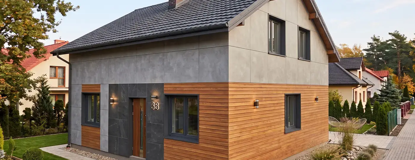Ein modernistisches Einfamilienhaus mit einer Fassade aus Holz und grauen Paneelen.