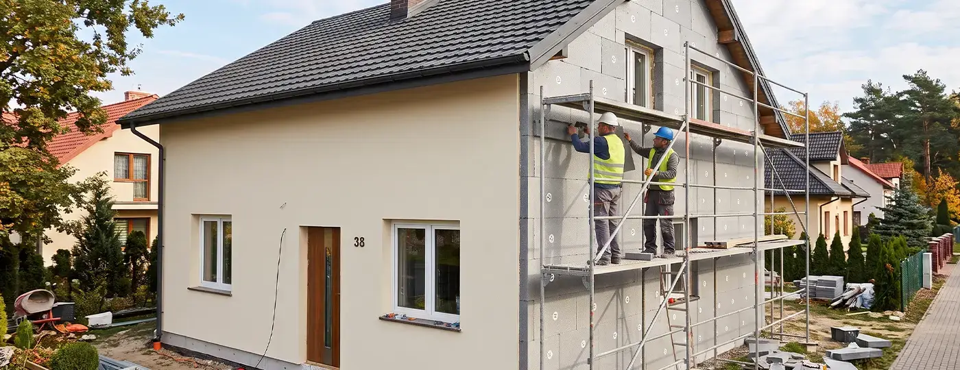 Arbeiter auf einem Gerüst bringen eine Polystyrol-Dämmung an der Fassade an.