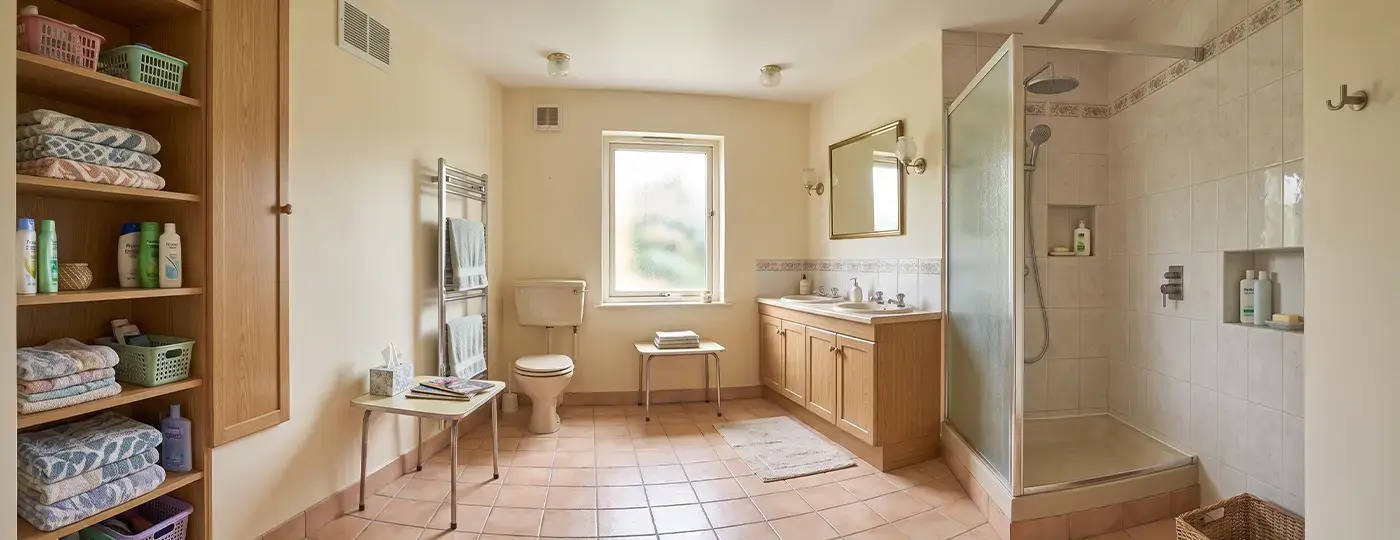 Ein helles, beigefarbenes Badezimmer im traditionellen Stil mit erhöhter Duschkabine, einem Waschtisch aus Holz und einem Handtuchhalter.