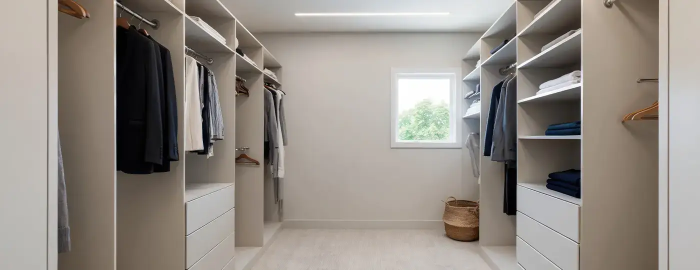 Ein heller, gut ausgestatteter begehbarer Kleiderschrank mit offenen Schrankelementen und einem kleinen Fenster.
