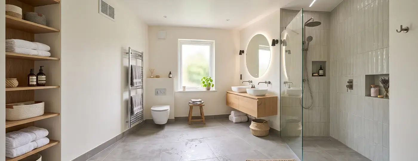 Ein helles, geräumiges Badezimmer mit offener begehbarer Dusche, einem runden beleuchteten Spiegel, einem wandhängenden Holzwaschtisch mit zwei Waschbecken sowie einem Handtuchhalter.