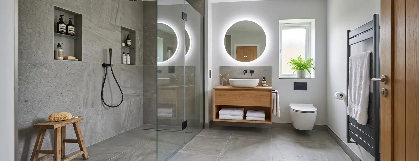 Ein helles, modernes und grau gefliestes Badezimmer mit einer geräumigen, begehbaren Dusche, einem runden beleuchteten Spiegel, einem Waschtisch aus Holz mit Waschbecken sowie schwarzen Armaturen.