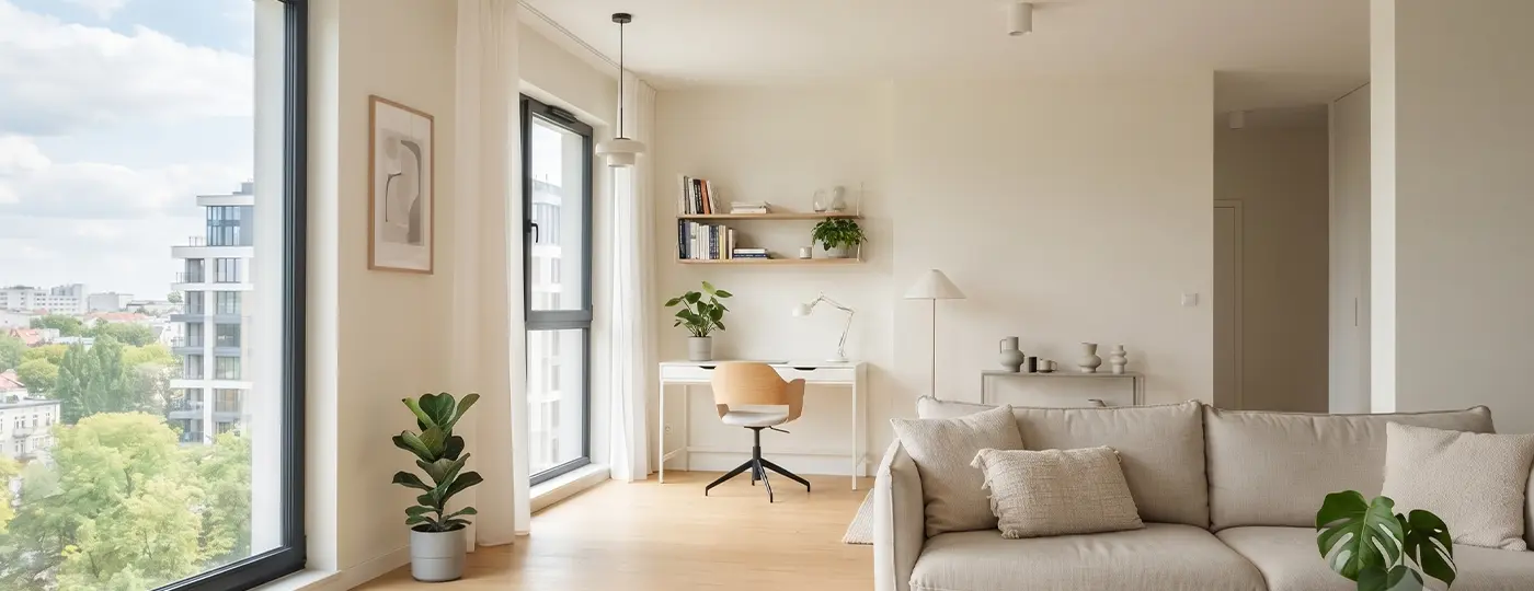 Ein helles und geräumiges, modernes Zimmer in einer Wohnung.