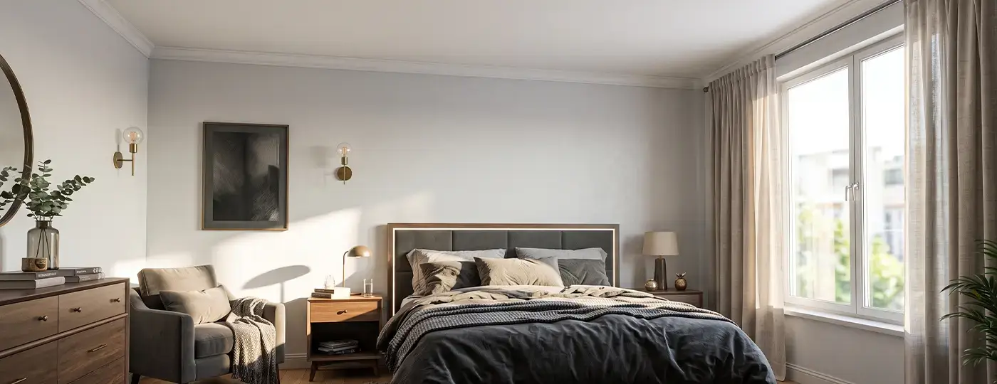 Ein helles Schlafzimmer mit einem dunklen Polsterbett, einem kleinen Sessel und einem großen Fenster mit Vorhängen.