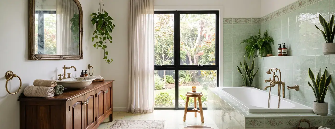 Helles Badezimmer mit grünen Wandfliesen, Einbauwanne, Messingarmaturen im Retro-Stil, dunklem Holz-Waschtischunterschrank und Zimmerpflanzen.