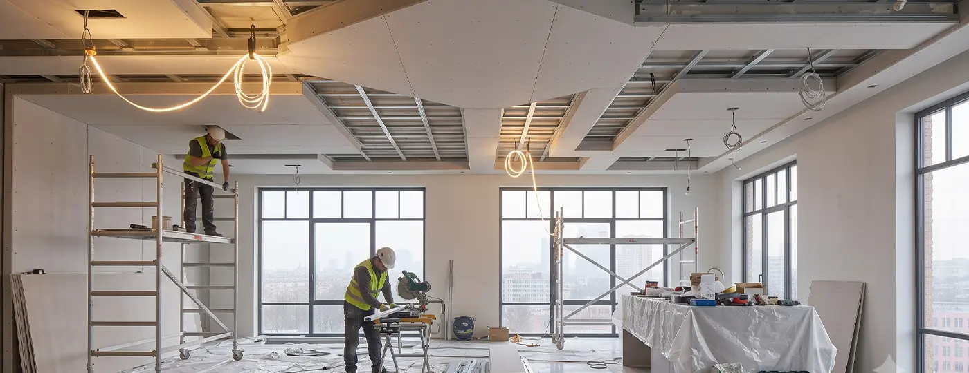Bauarbeiter installieren eine komplexe, mehrstufige abgehängte Trockenbaudecke in einem großen Raum.