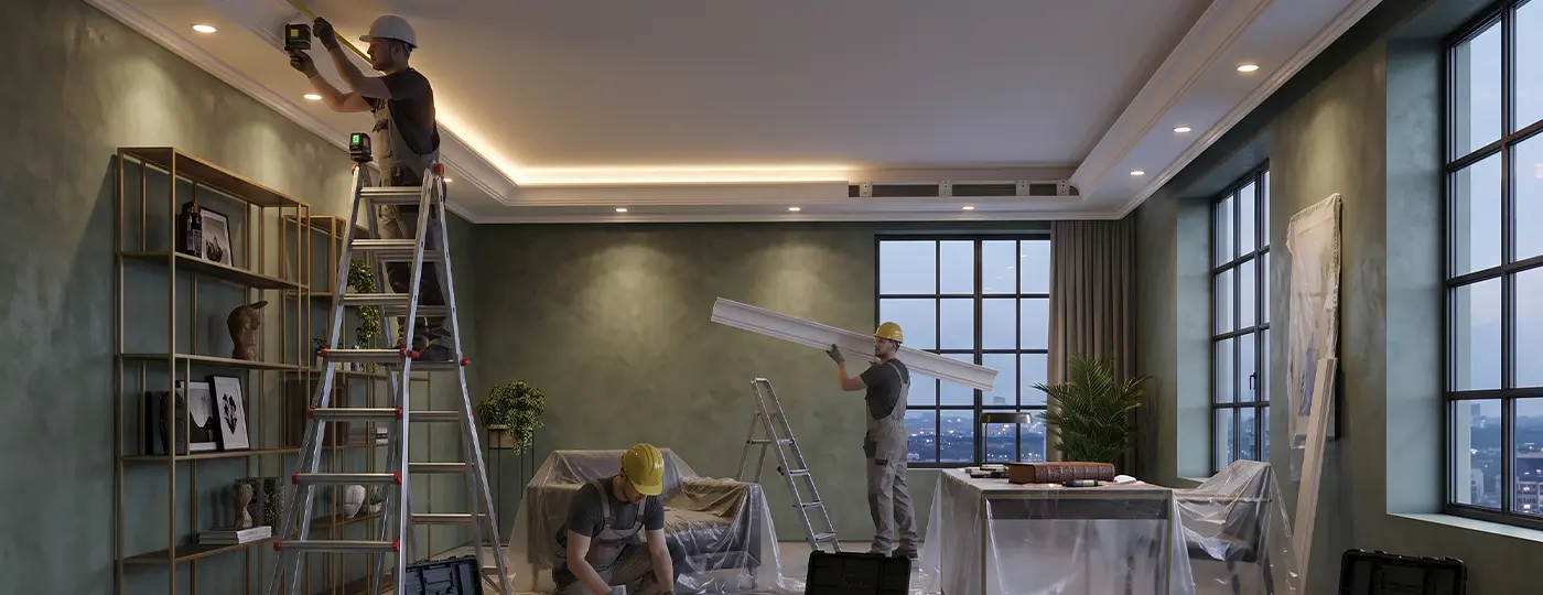 Bauarbeiter montieren dekorative LED-Deckenleisten in einem Raum mit grünen Wänden.
