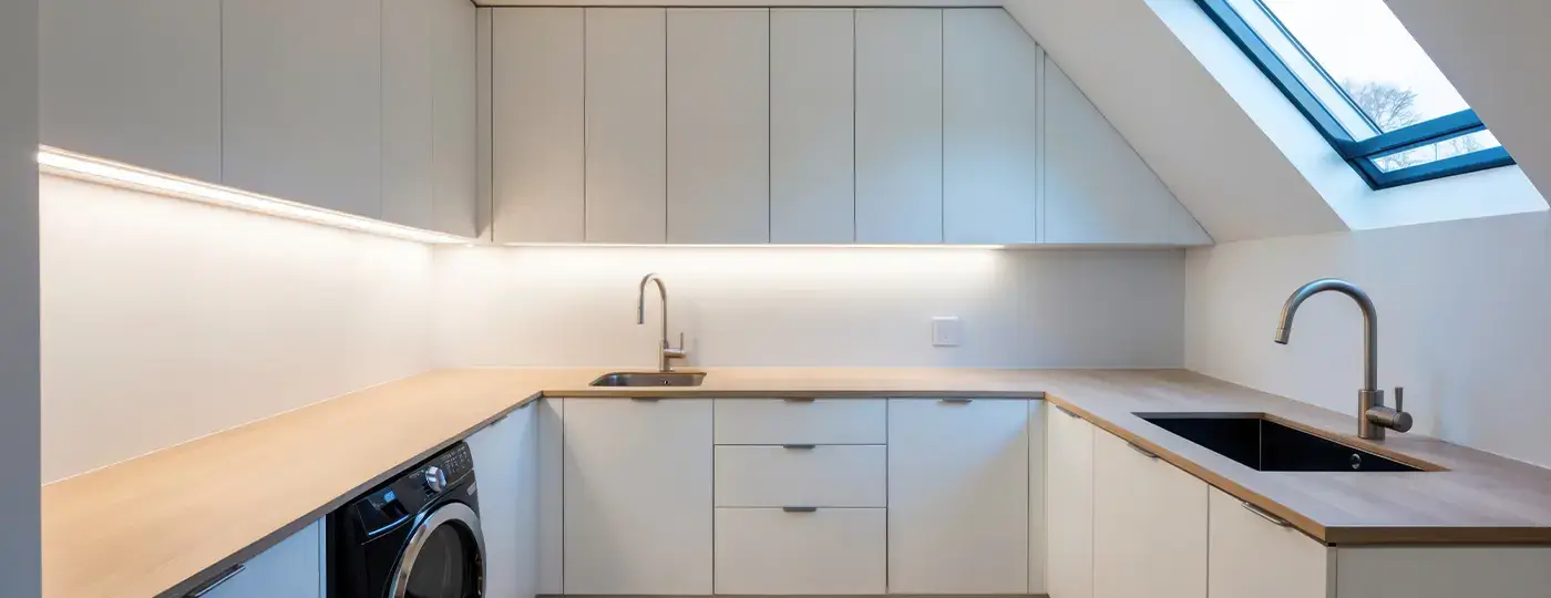 Eine helle, weiße Dachgeschossküche mit einer Arbeitsplatte aus Holz und LED-Unterbauleuchten.