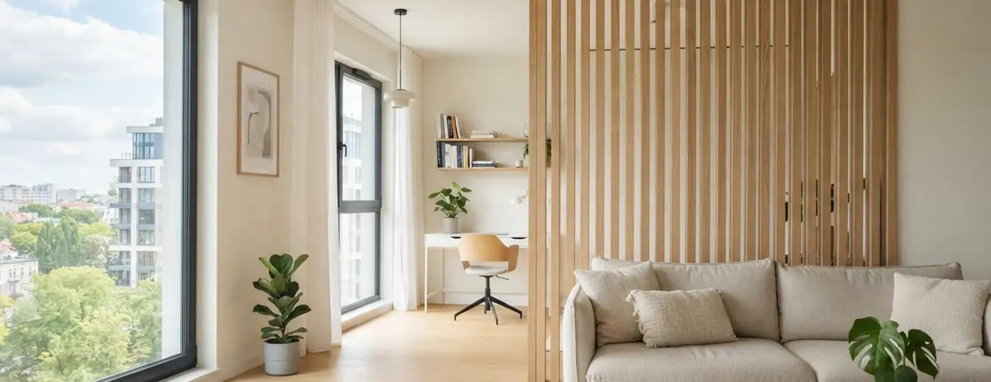 Durchbrochene Trennwand aus Holzlamellen im Wohnzimmer
