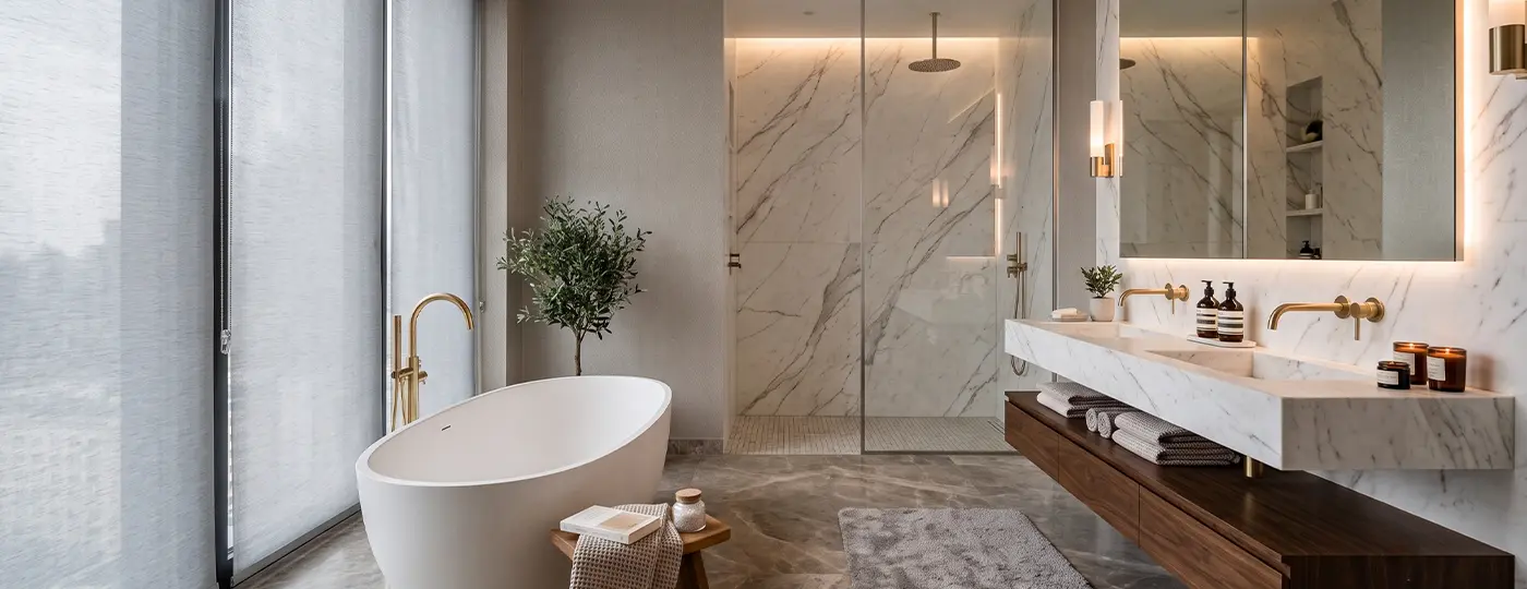 Modernes, luxuriöses Badezimmer mit Marmor und einer freistehenden Badewanne.