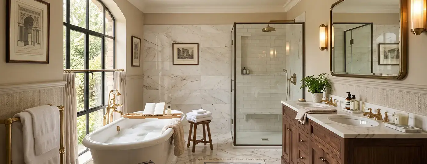 Ein elegantes, helles Badezimmer mit einem großen Bogenfenster, einer klassischen Badewanne, einer verglasten Dusche und einem Waschtisch aus Holz mit zwei Waschbecken.
