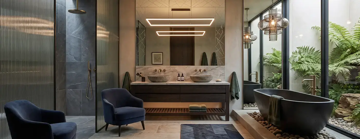 Ein luxuriöses, modernes Badezimmer mit zwei dunkelblauen Sesseln, einer schwarzen Badewanne neben einer verglasten Terrasse mit Farnen sowie zwei Waschbecken aus Stein.