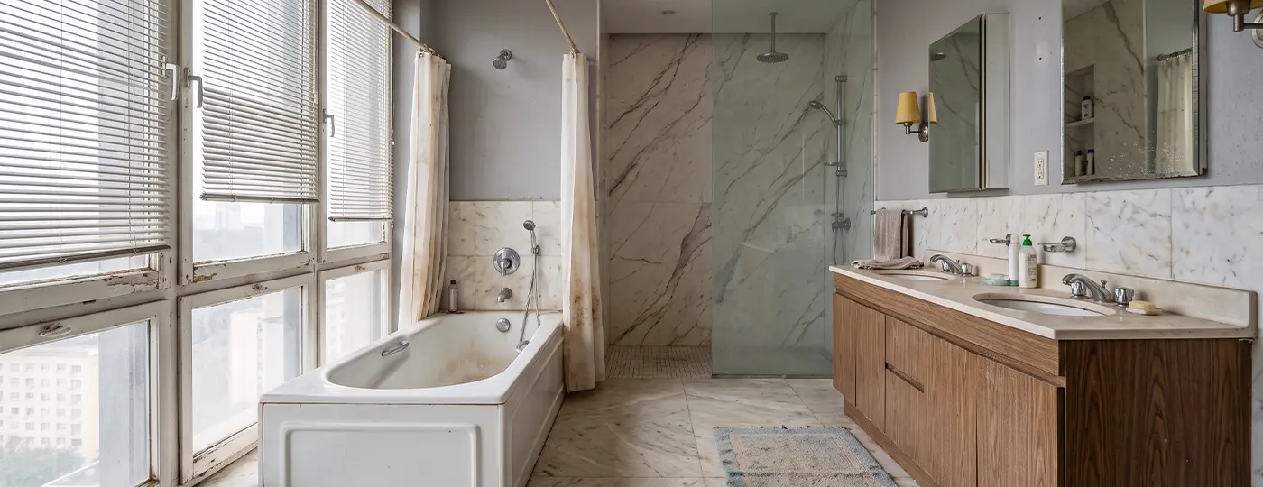 Großes Badezimmer mit Badewanne und zwei Waschbecken vor der Renovierung