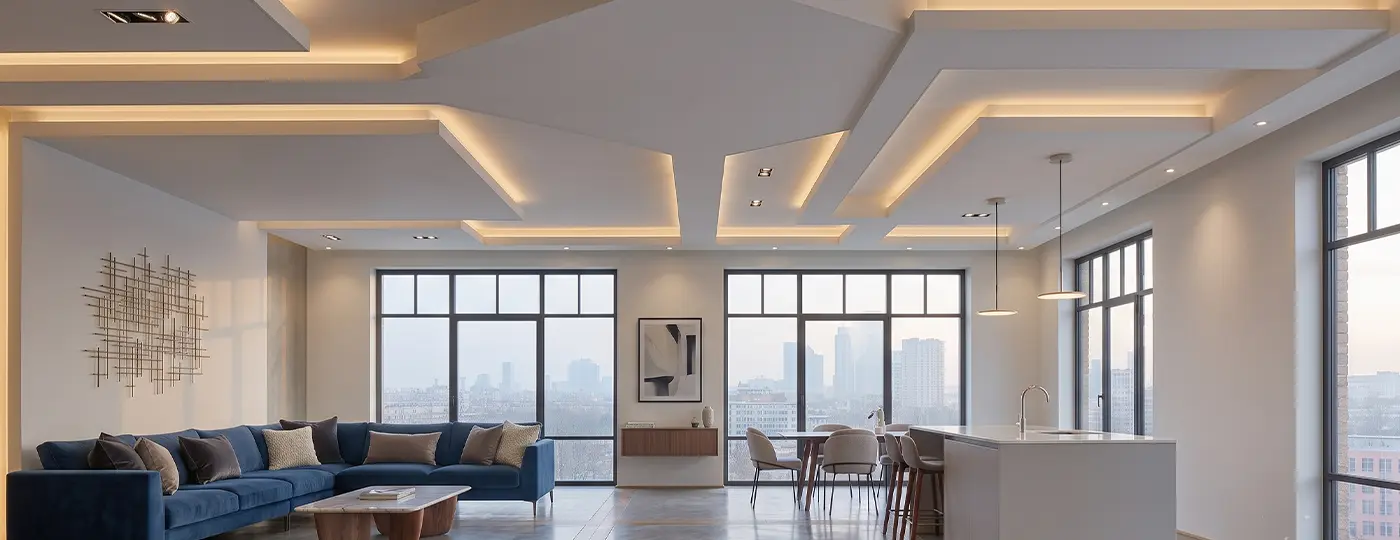 Ein luxuriöser, offener Wohnbereich mit einem blauen Ecksofa, einer Kücheninsel und einer markanten, mehrstufigen Decke mit warmer LED-Beleuchtung.
