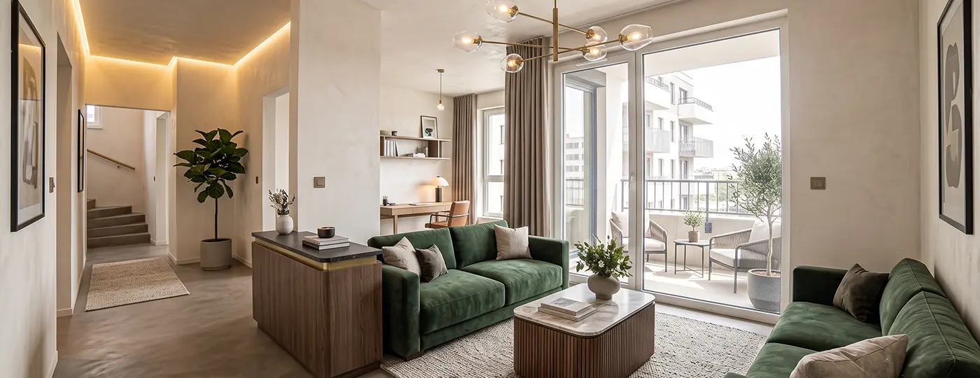 Ein modern eingerichtetes und ausgestattetes Wohnzimmer mit grünen Sofas, Zugang zum Balkon und LED-Beleuchtung.