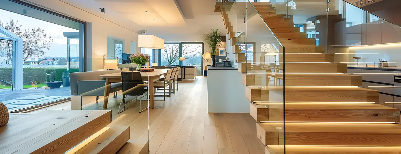 Ein geräumiges, modernes Haus mit offenem Wohnbereich und einer Holztreppe, deren Stufen von LED-Lichtbändern beleuchtet werden.