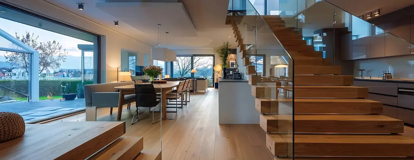 Ein geräumiges, modernes Haus mit offenem Grundriss, einer Holztreppe mit Glasgeländer und Zugang zu einer Terrasse.