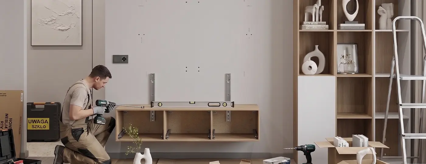 Montage eines Wandhängeschranks aus Holz unter Verwendung einer Wasserwaage.