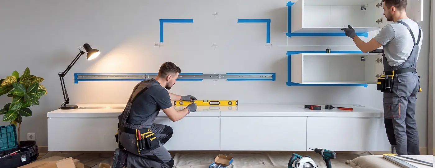 Der Monteur montiert einen wandhängenden TV-Schrank.