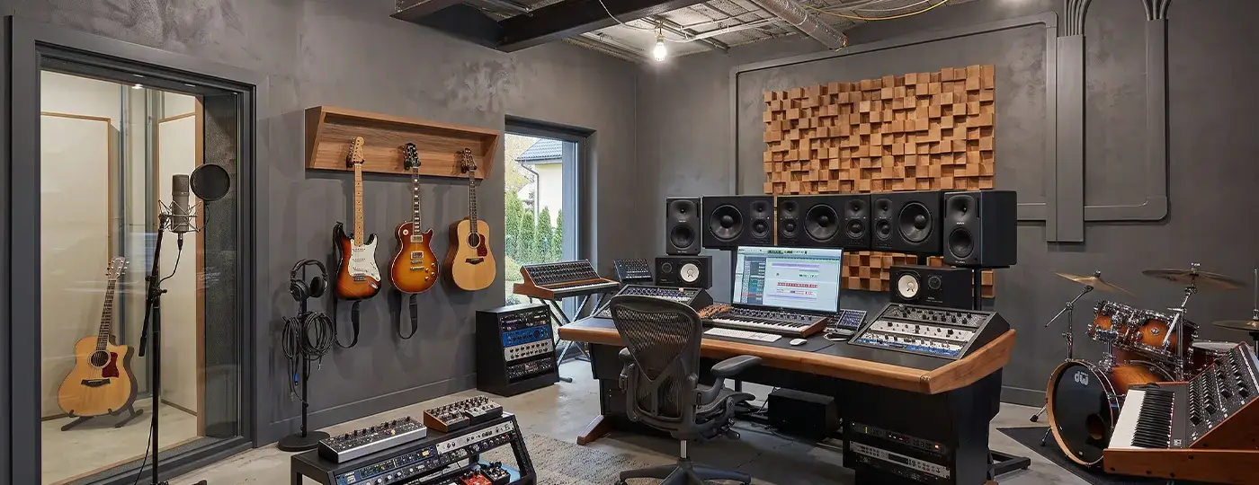 Ein graues Tonstudio, ausgestattet mit Musikequipment, Instrumenten und einem Akustikdiffusor.