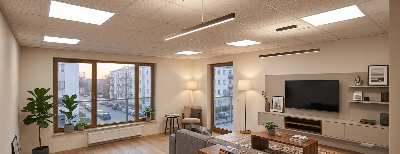 Helles, modernes Wohnzimmer mit abgehängter Kassettendecke und LED-Paneelen.