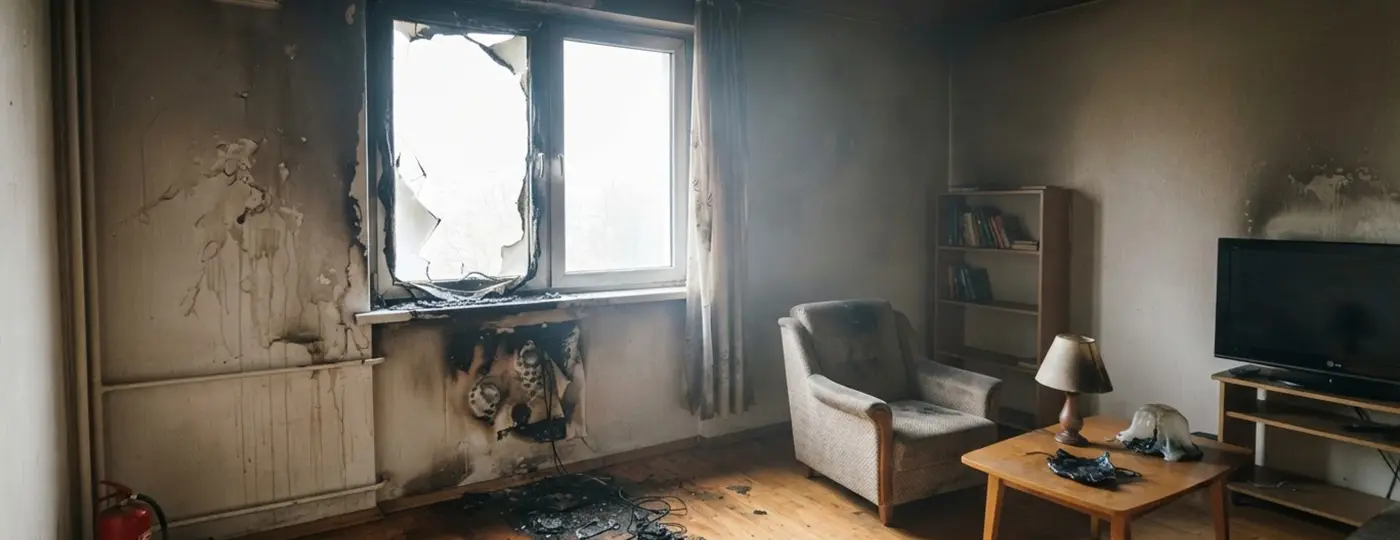 Ein Raum, der Spuren eines Feuers aufweist – mit rußverschmutzten Wänden und einer gesprungenen Fensterscheibe.
