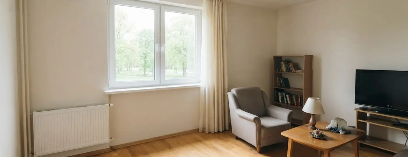 Renoviertes, sauberes Zimmer mit Sessel, kleinem Tisch und Fernseher nach der Sanierung eines Brandschadens.