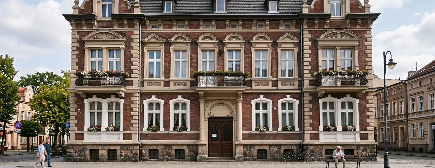 Renoviertes historisches Mietshaus mit Ziegelfassade und hellen Details.