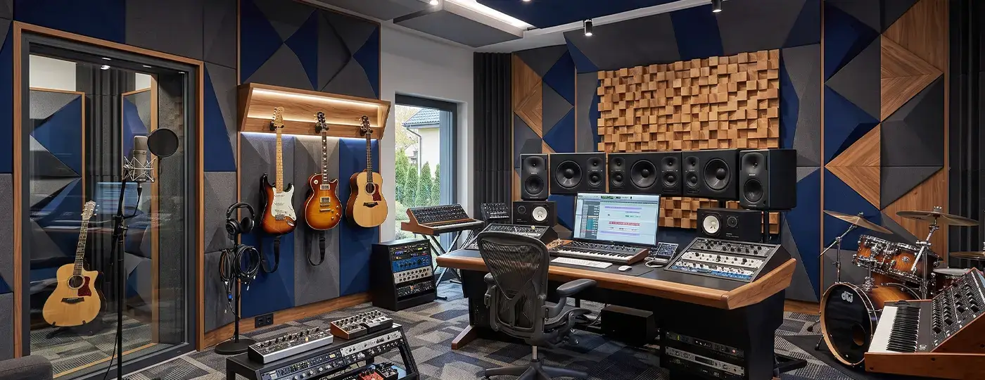 Ein Tonstudio mit blaugrauen Akustikpaneelen an den Wänden und Musikequipment.