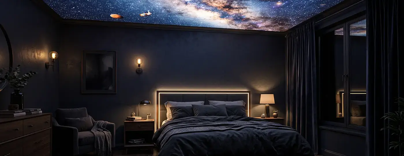 Ein modernes, dunkles Schlafzimmer mit einer beleuchteten Decke, die einen sternenreichen Kosmos darstellt.