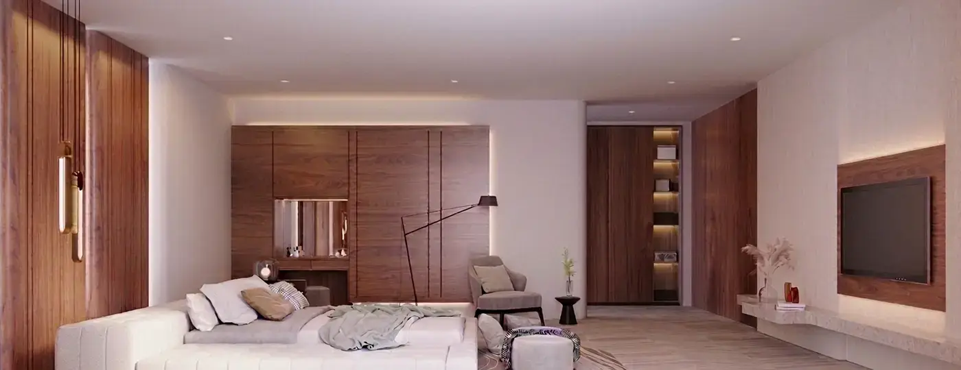 Ein elegantes Schlafzimmer mit holzvertäfelten Wänden, einem Bett, einem Fernseher und LED-Beleuchtung.