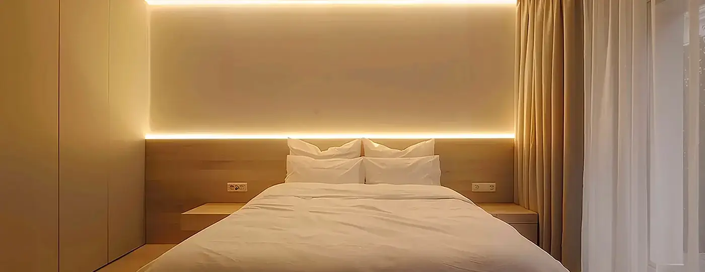 Ein Schlafzimmer mit einem Bett und warmer, indirekter LED-Beleuchtung über dem Kopfteil.
