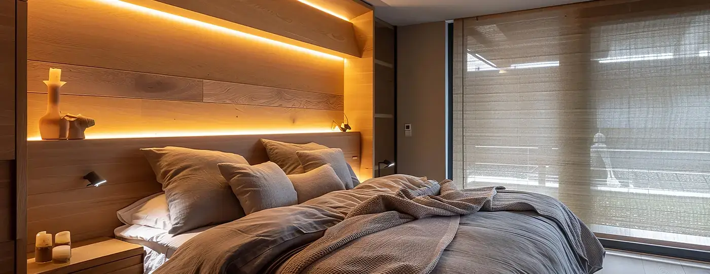 Ein gemütliches, holzverkleidetes Schlafzimmer mit einem Bett, das durch einen warmen, verdeckten LED-Streifen oberhalb des Kopfteils beleuchtet wird.