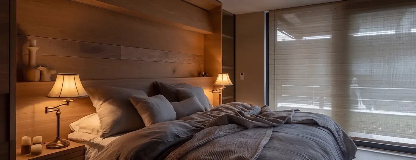 Ein gemütliches Schlafzimmer mit Holzelementen, einem großen Bett und Nachttischlampen auf beiden Seiten.
