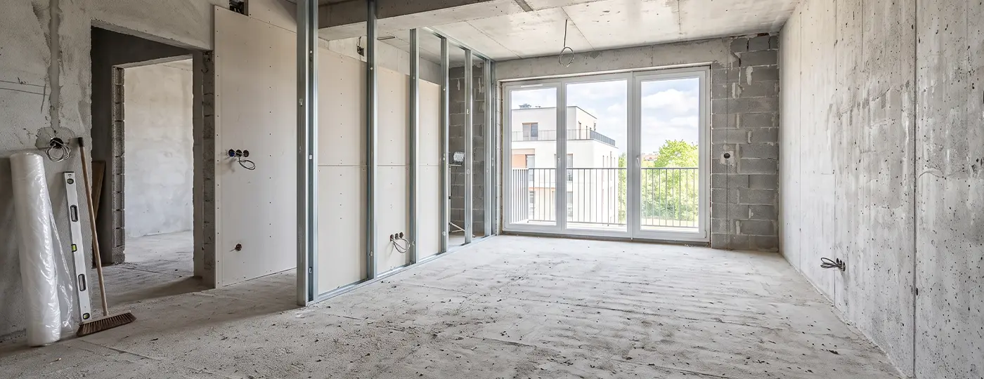 Montage der Unterkonstruktion und der Gipskartonplatten im Rohbauzustand.