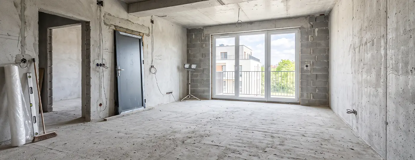 Eine leerstehende Wohnung im Rohbauzustand mit einer Balkontür.