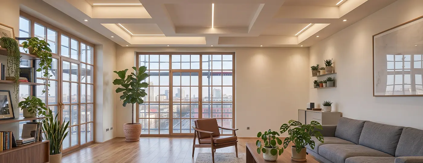 Modernes Wohnzimmer mit mehrstufiger abgehängter Decke, integrierten LED-Lichtbändern und Panoramafenstern.