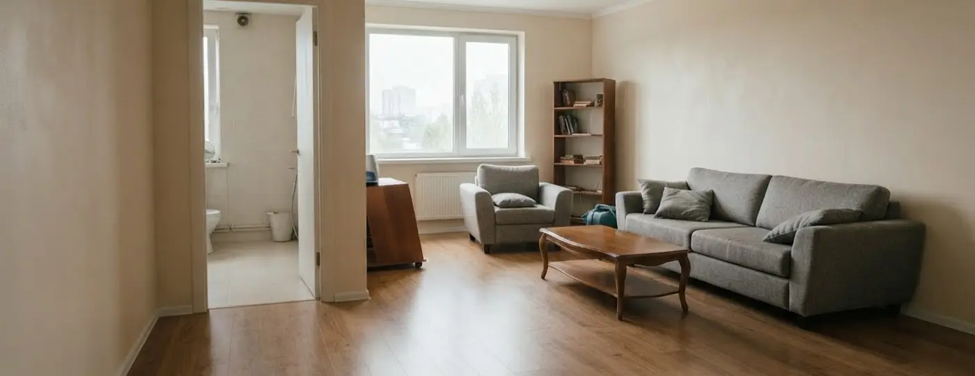 Renoviertes, sauberes Wohnzimmer mit einem grauen Sofa, einem Sessel und Holzboden.