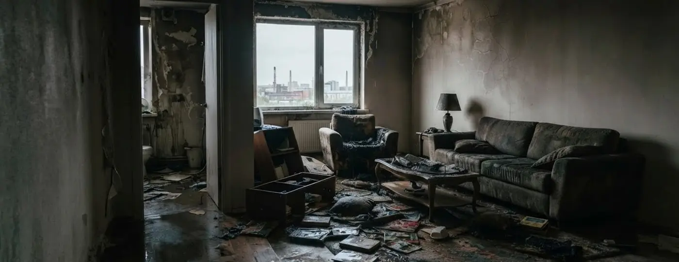 Ein verwüstetes Wohnzimmer mit einem schmutzigen Sofa, einem Sessel und verstreuten Gegenständen nach einer Überschwemmung