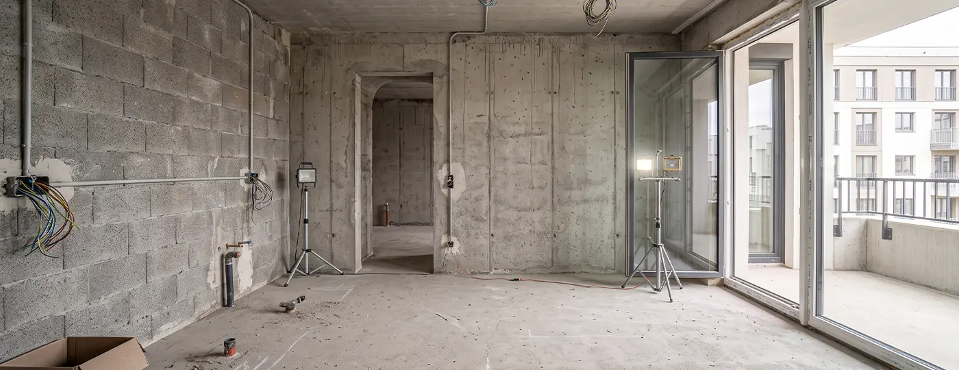Wohnzimmer im Rohbauzustand mit Mauerwerks- und Betonwänden, installierten Versorgungsleitungen, Baustrahlern und einem großen Balkonzugang.