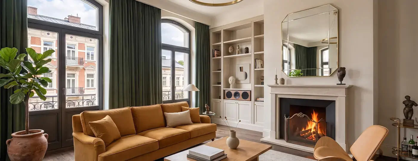 Modernes Wohnzimmer mit Kaminverkleidung und honigfarbenem Sofa