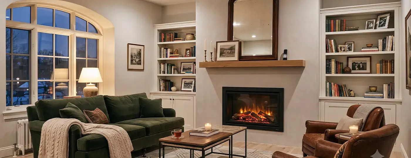 Elegantes Wohnzimmer mit Kamin, grünem Sofa und Bücherregal.