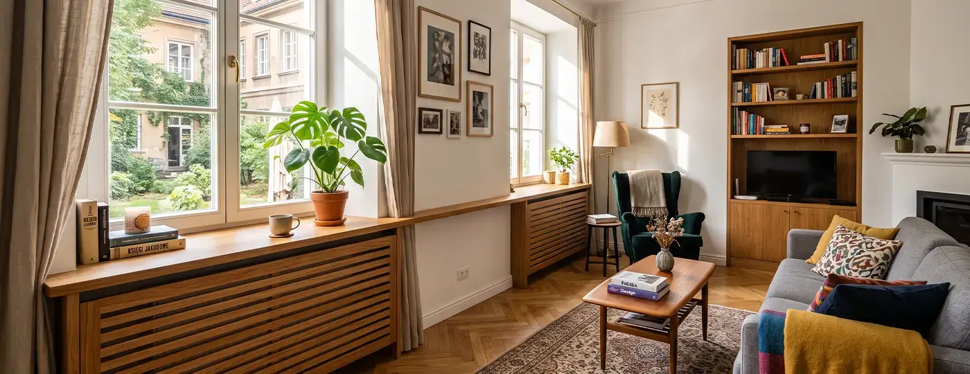 Ein gemütliches Wohnzimmer mit Heizkörperverkleidungen aus Holz unter den Fensterbänken.