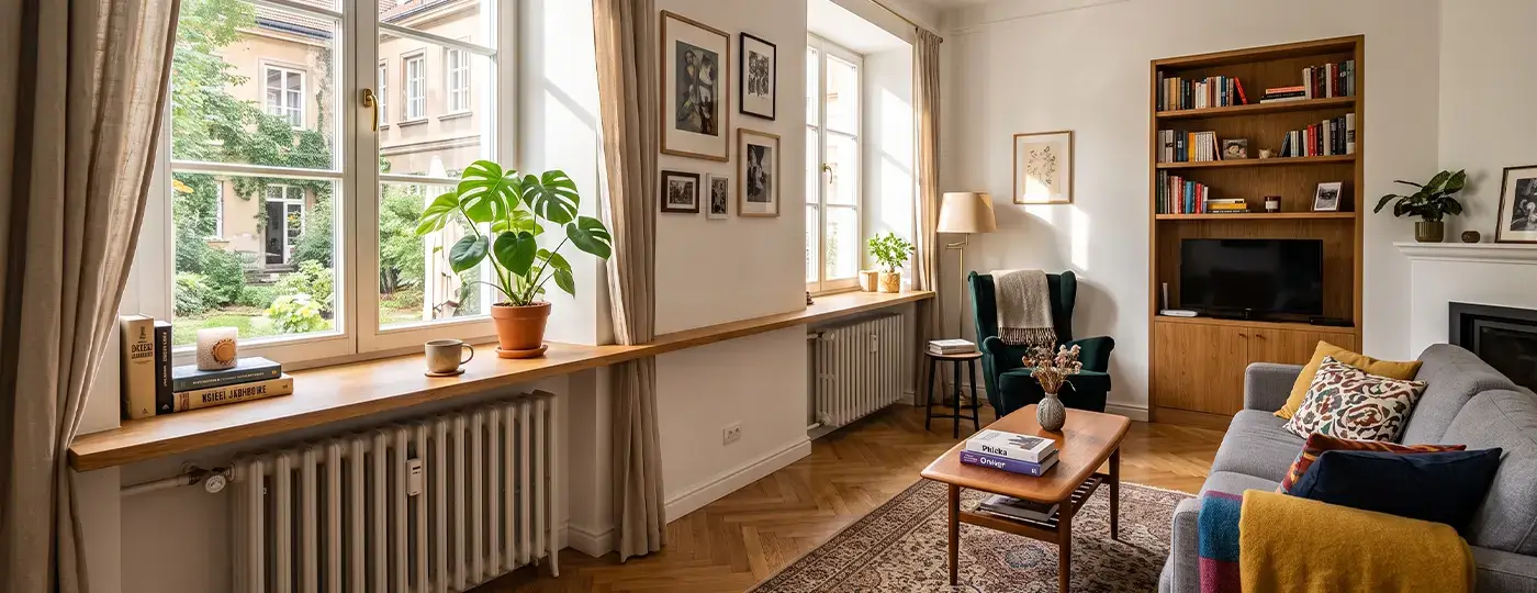 Ein helles Wohnzimmer mit sichtbaren Heizkörpern unter einem langen Holzregal.