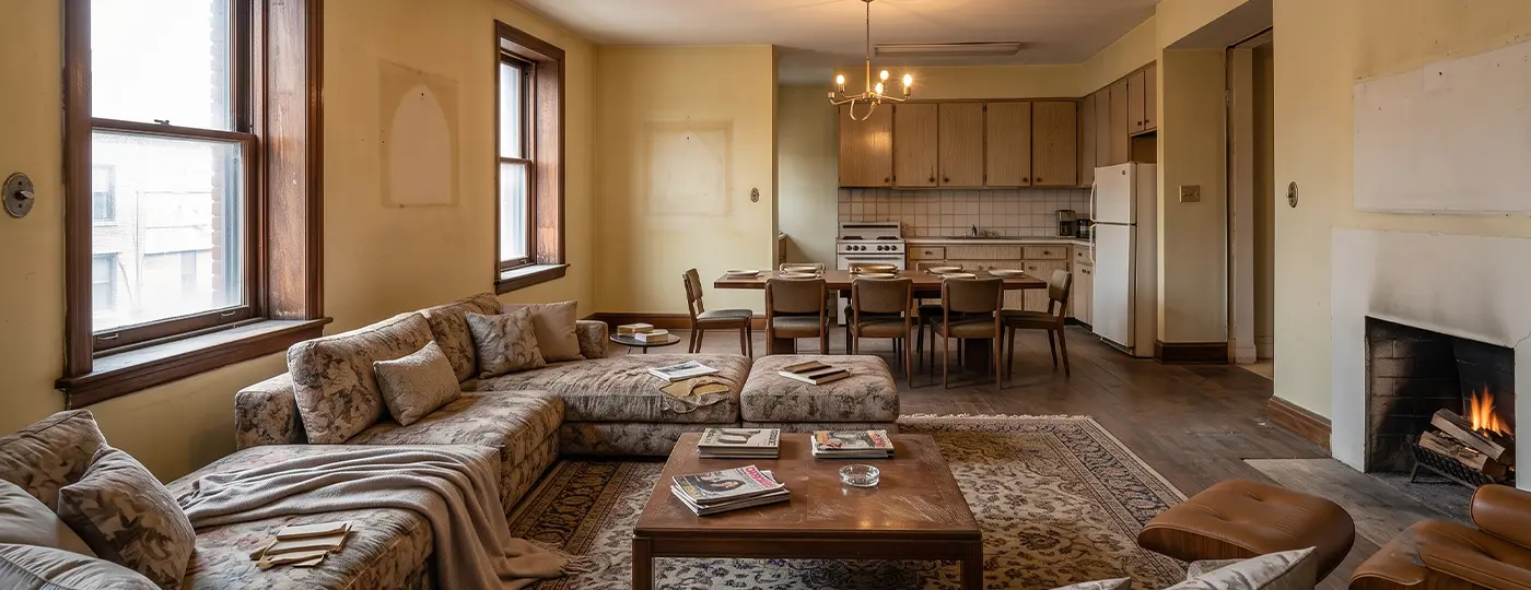 Altes Wohnzimmer mit Kochnische vor der Renovierung