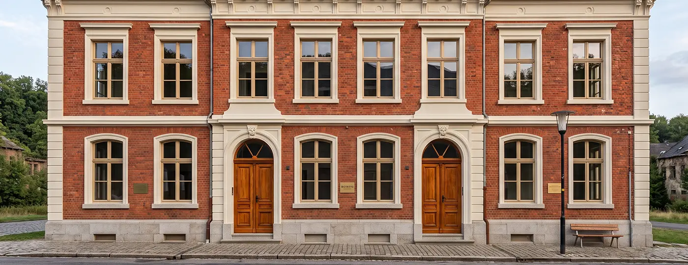 Renoviertes historisches Gebäude mit einer Fassade aus rotem Backstein